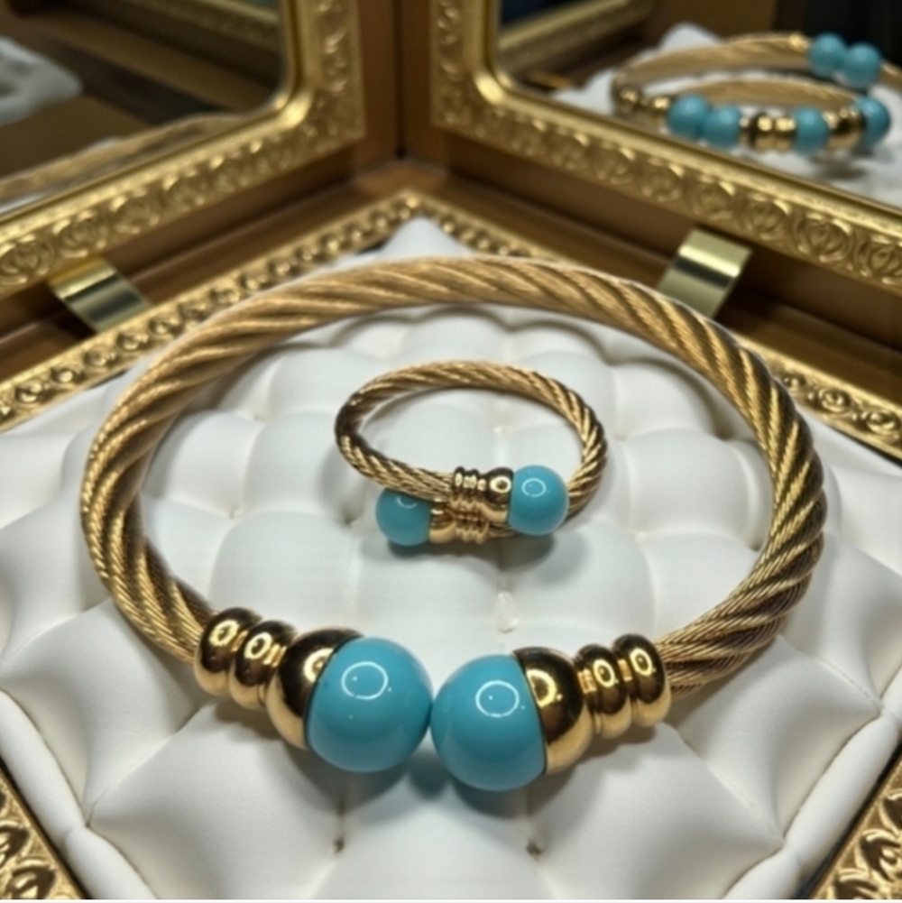 18k Gold Plated Twisted Cable Turquoise Ball Cabochon Bracelet & Matching Ring